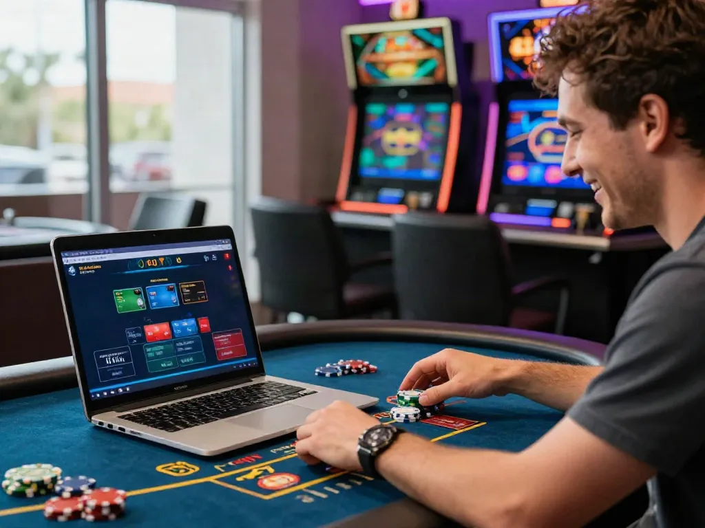 Player enjoying credit card casinos online at a vibrant gaming table with colorful chips and casino graphics.