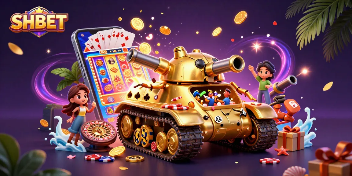 SHBET offers a vibrant 3D illustration of a golden beetle casino tank with slot games and joyful patrons.
