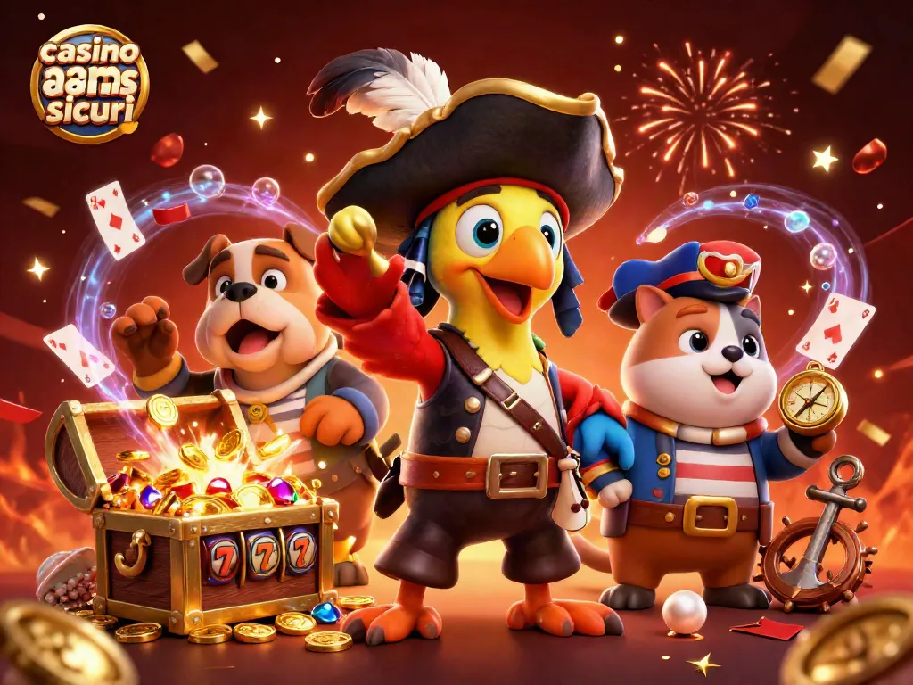 Giocando su casino non AAMS sicuri, tre personaggi animati in un'avventura colorata in un ambiente di casinò.
