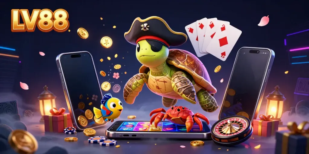 Experience LV88 with a vibrant 3D scene showcasing a pirate turtle amid exciting casino elements and treasures.