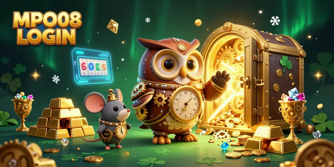 MPO08 LOGIN unlocks thrilling gameplay with a captivating 3D illustration of a casino adventure featuring an owl and mouse.