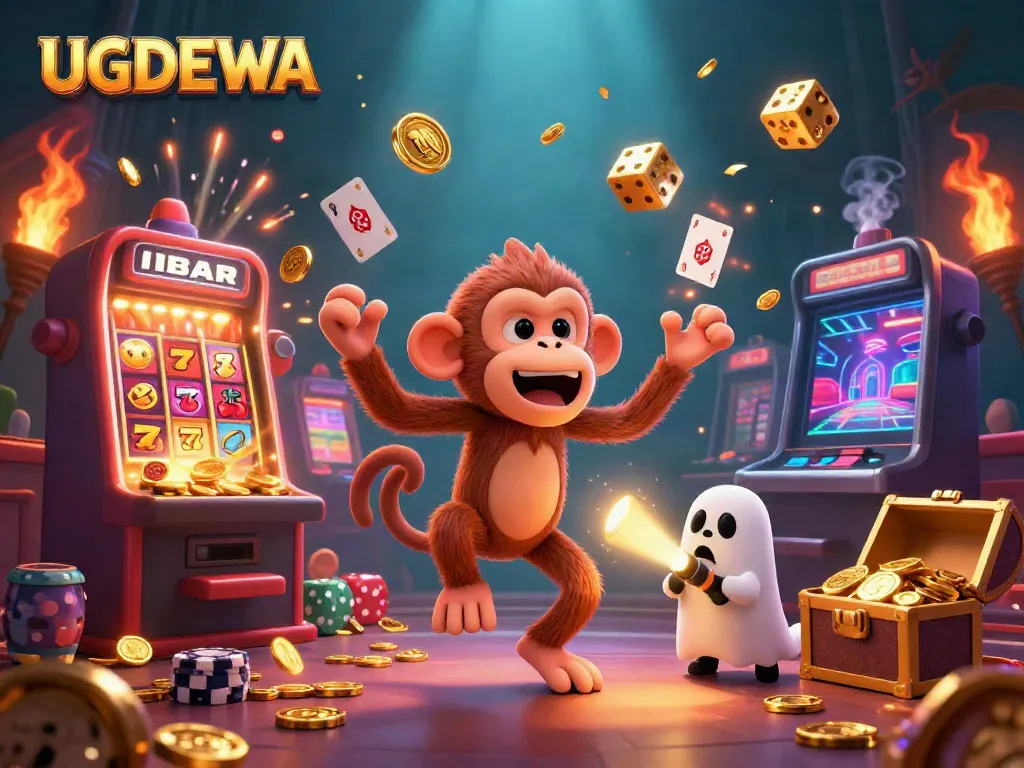 Engage with the thrilling world of UGDEWA as a mischievous poltergeist monkey juggles casino treasures in a haunted atmosphere.