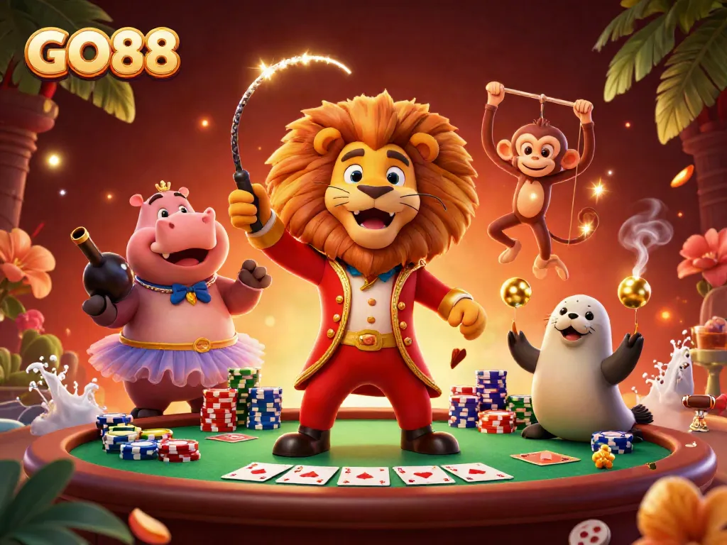 Experience excitement at GO88 with vibrant 3D characters around a dynamic poker scene.