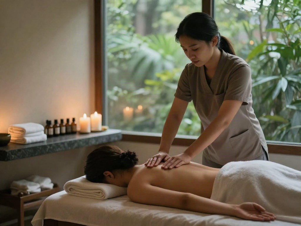 Relaxing 화성출장마사지 session in a tranquil spa with calming ambiance and skilled therapist.