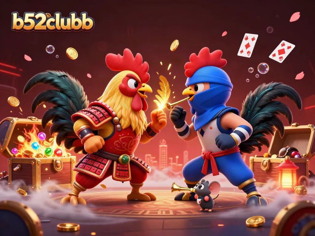 Engage in the thrilling battle of b52clubb with cartoon roosters in a fierce standoff amidst explosive treasure!