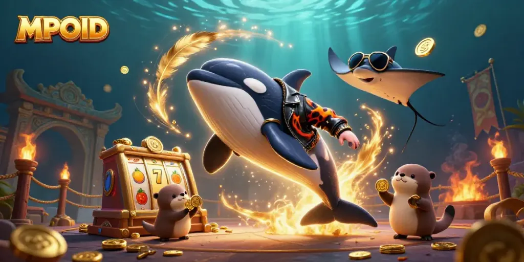 MPOID brings excitement with a dynamic 3D scene featuring marine characters in a vibrant casino setting.