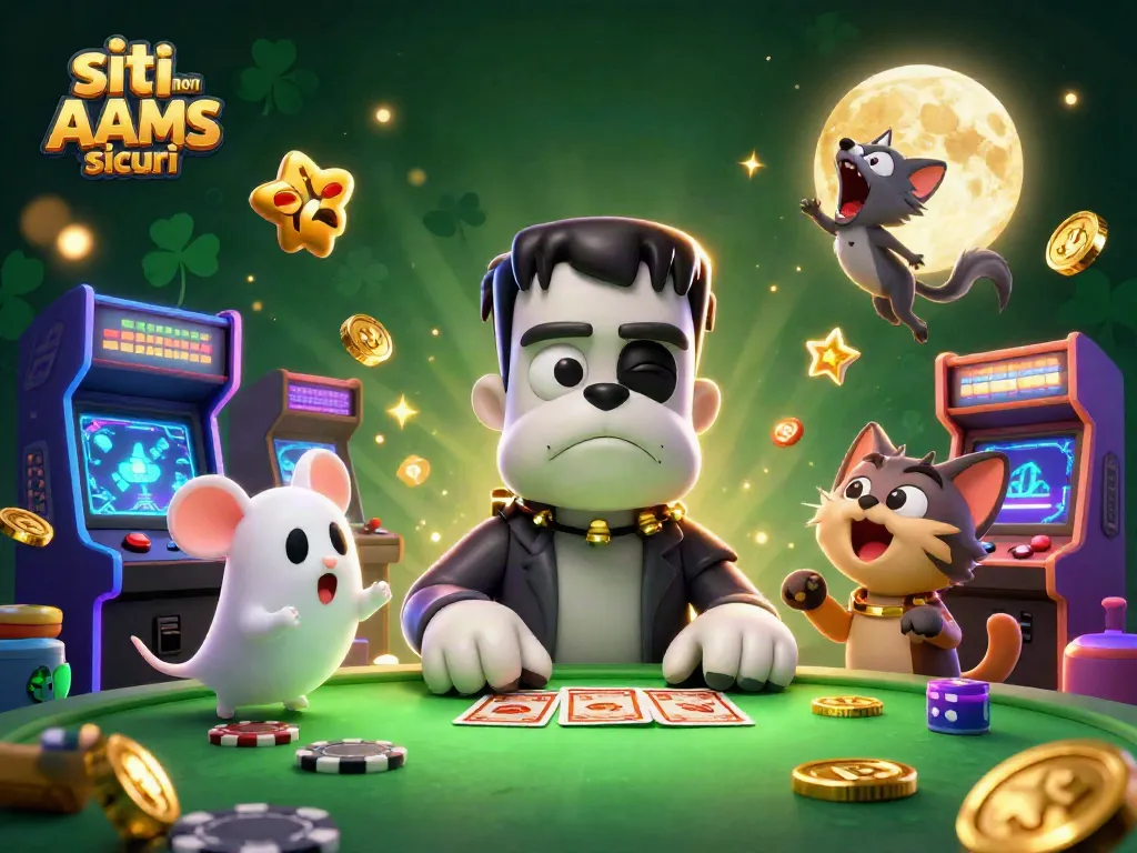 Scopri i migliori siti non AAMS sicuri con un bulldog Frankenstein che distribuisce carte e un gatto lupo che ulula alla luna d'oro.