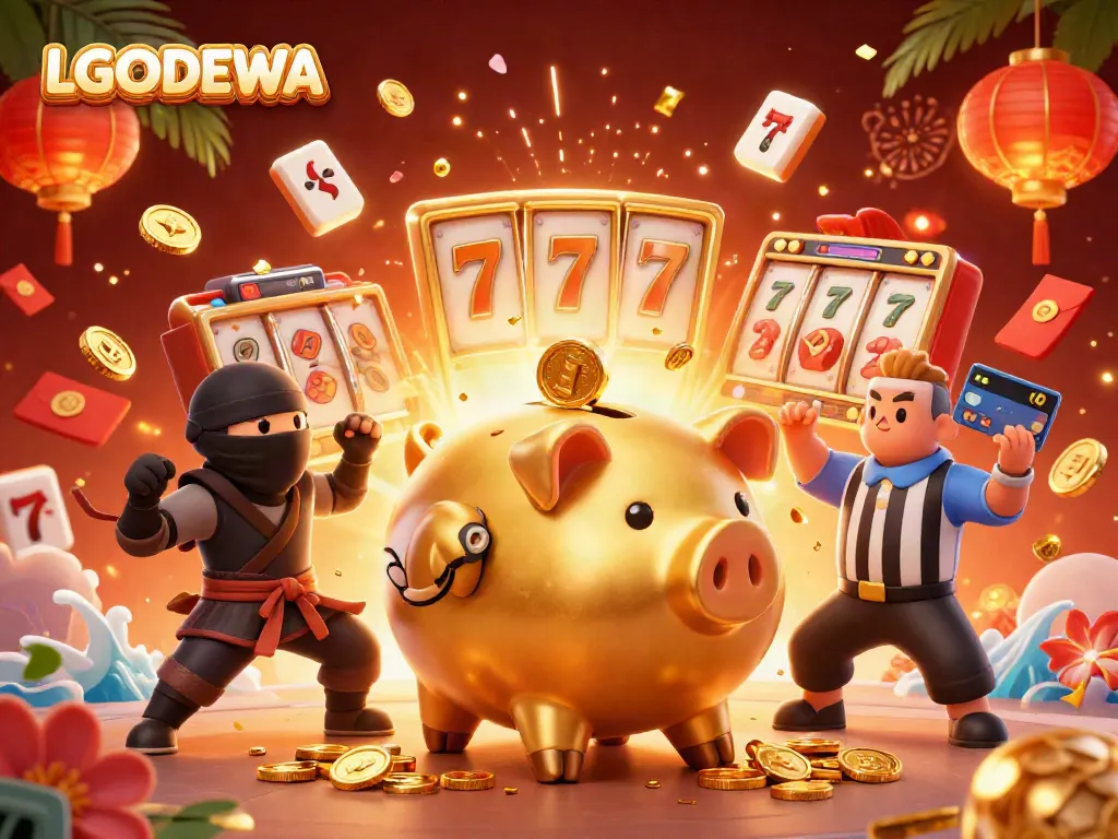 Experience LGODEWA with thrilling slot action and festive 3D characters in vibrant casino illustration.