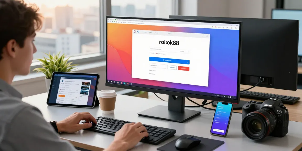 rokok88 login interface displayed on a large monitor in a tech workspace, showcasing user-friendly design and vibrant colors.