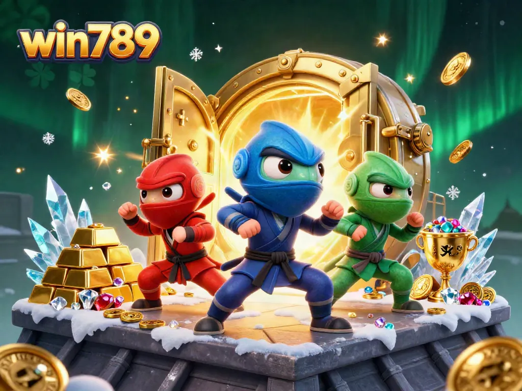 Engage with win789 in a vibrant 3D scene of cartoon ninja chameleons amidst treasure and casino elements.