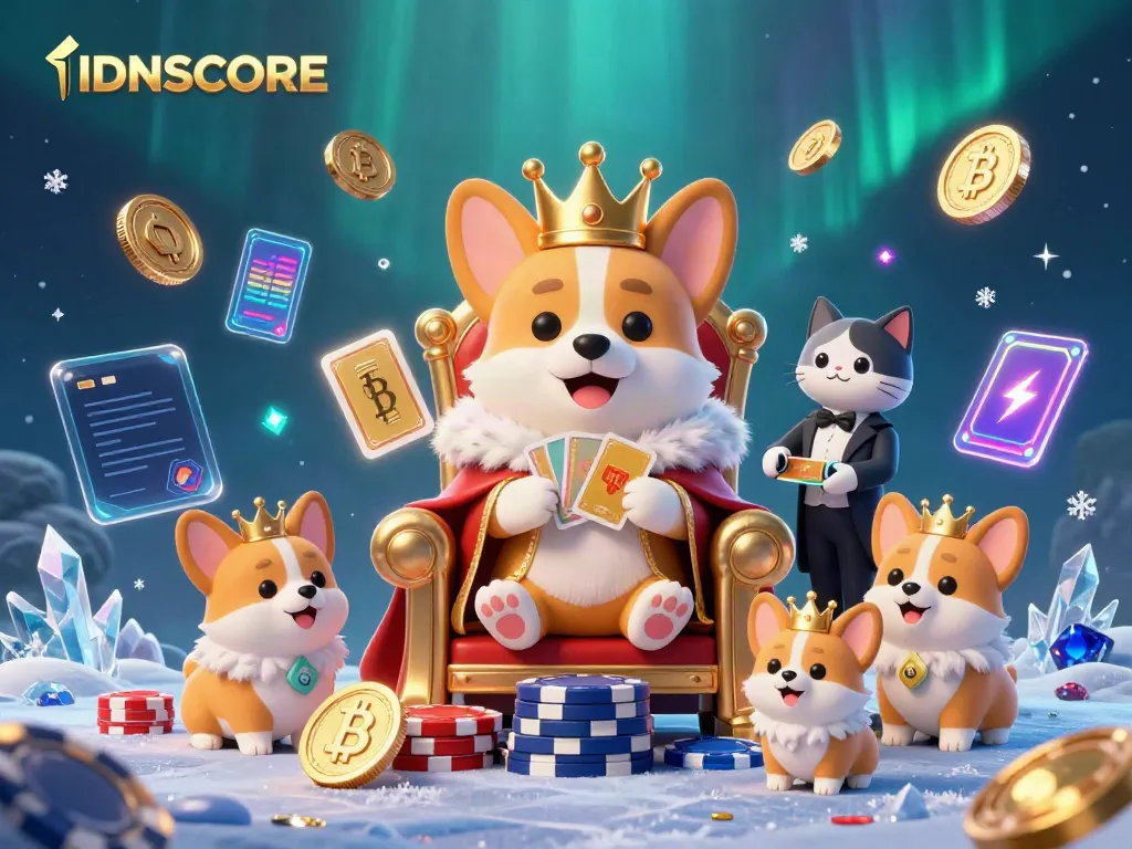 Experience the vibrant world of IDNSCORE with a royal corgi and a cat butler amidst dynamic gaming elements.