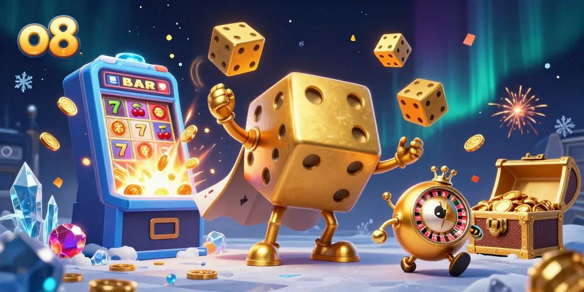 Experience the excitement of o8's casino games with golden dice, jackpots, and vibrant symbols.