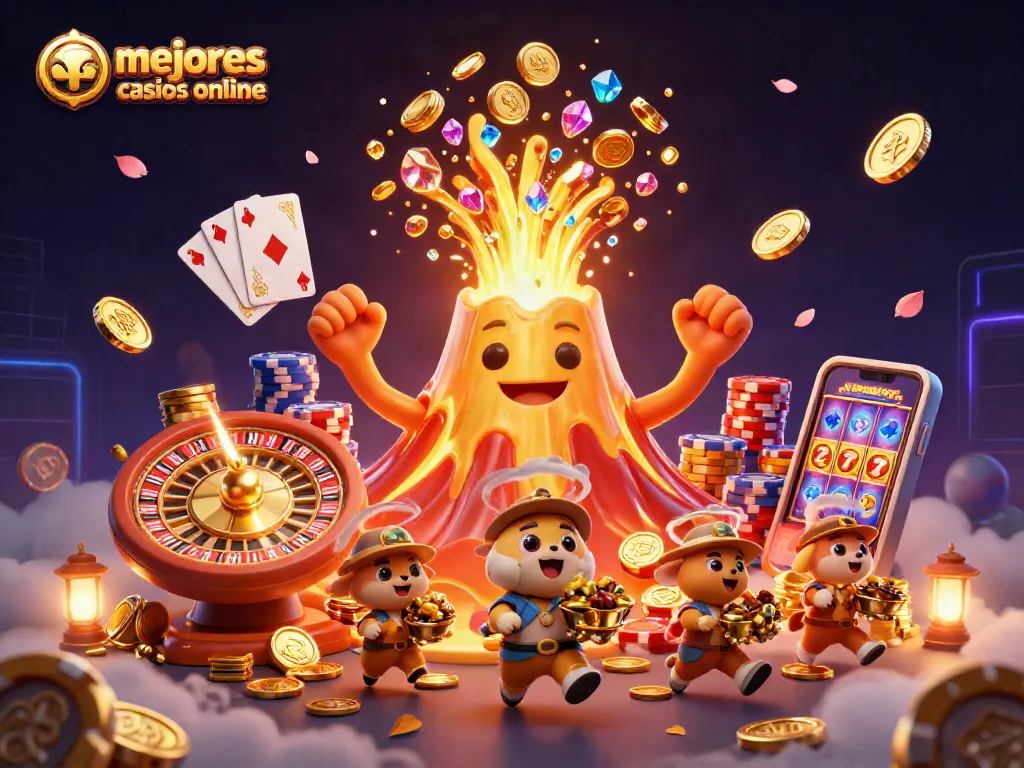 Ilustración en 3D de la erupción de un volcán dorado, mostrando los mejores casinos online y un tesoro de monedas.
