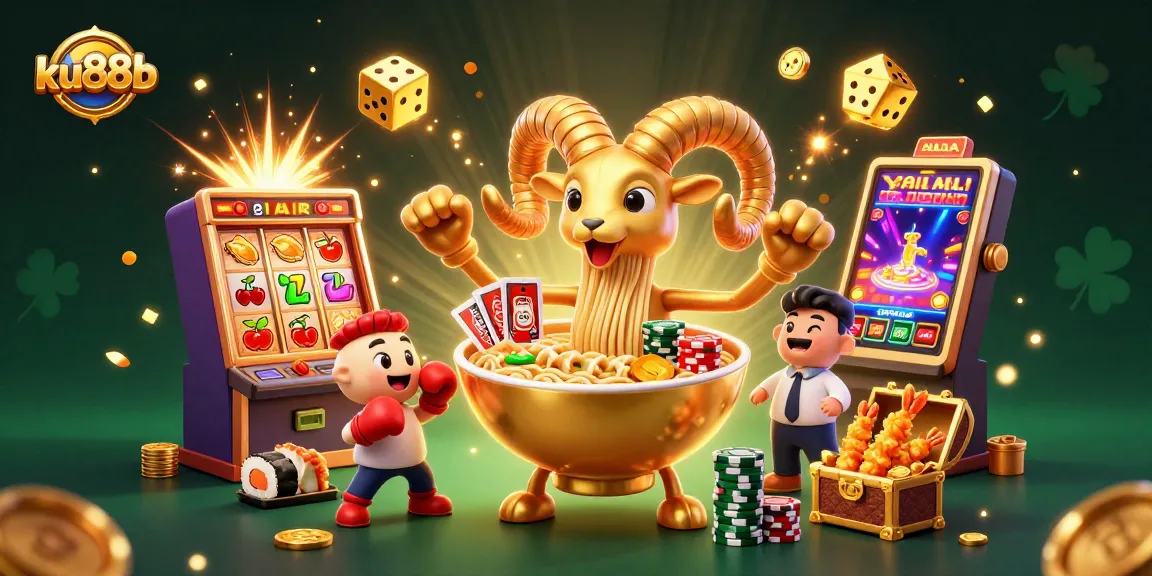 Engage with ku88b's vibrant casino experience featuring a golden ramen bowl, cheerful dealers, and dynamic game elements.