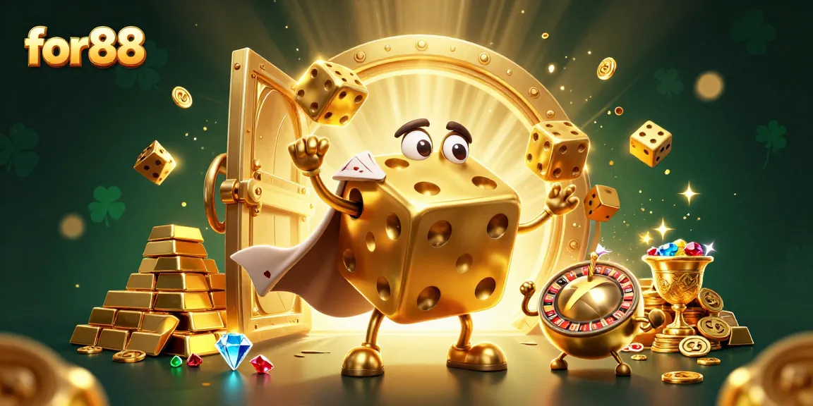 Experience exciting gameplay at for88 with golden dice and treasure bursting forth in this vibrant casino scene.