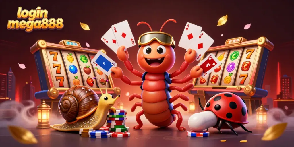 Join the fun and navigate the login mega888 process amidst vibrant slot games and cheerful characters.