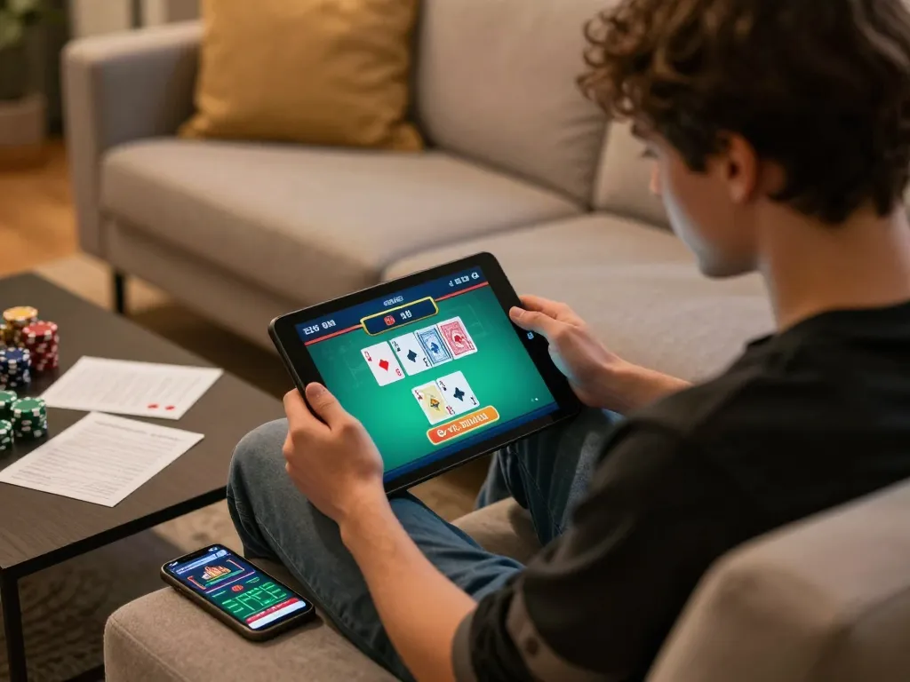 SUNWIN TRANG CHỦ engaging poker gameplay on a tablet in a cozy home setting.