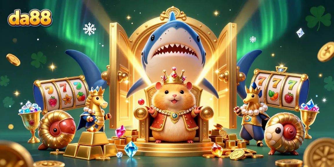 Engage with da88's thrilling slots scene featuring a golden hamster king amidst treasure and games.