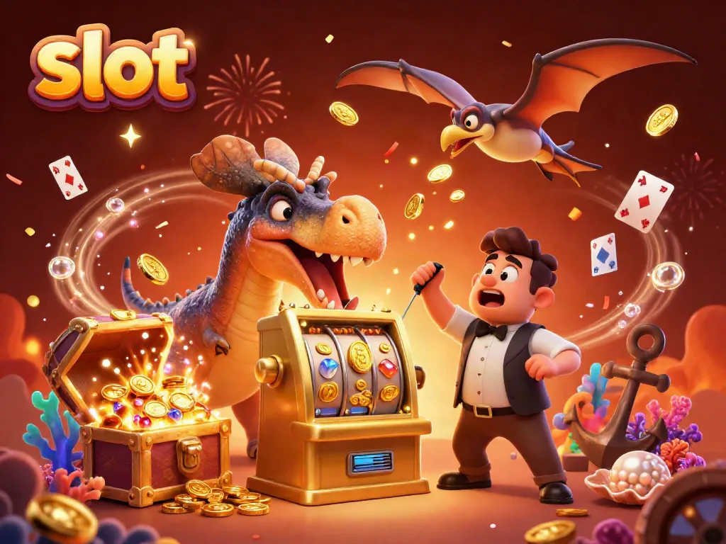 Experience the slot machine excitement with vibrant jackpot action and dinosaur themed fun.