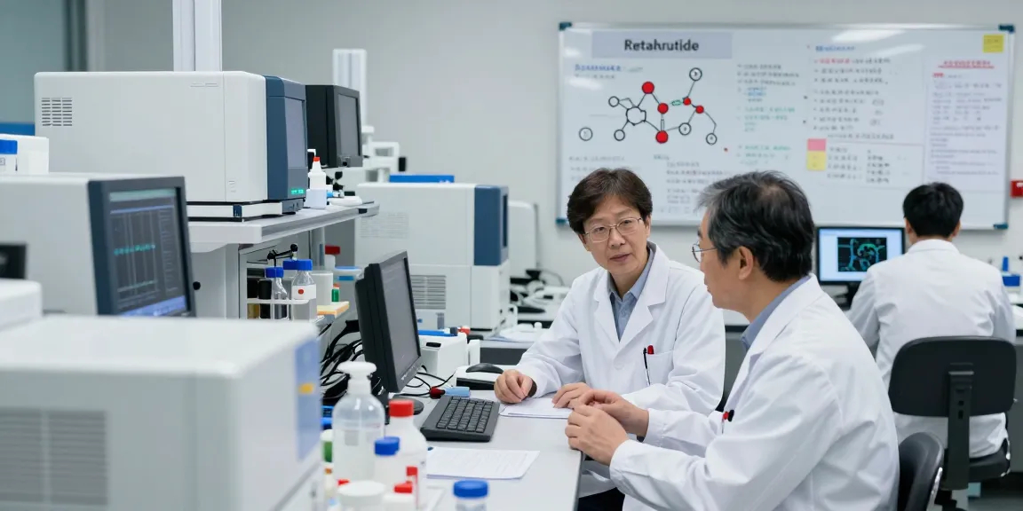 Order retatrutide Canada at a modern lab with scientists analyzing peptide data, emphasizing quality research and innovation.