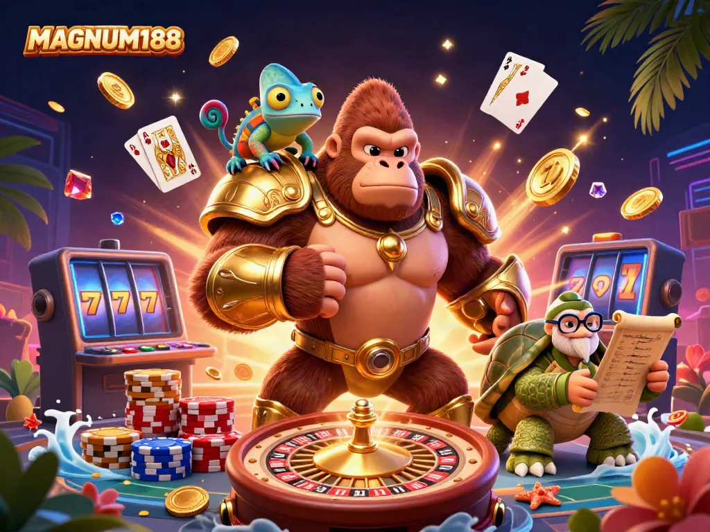 Engage with MAGNUM188 entertainment featuring a powerful gorilla and companions amidst flying coins and vibrant casino elements.