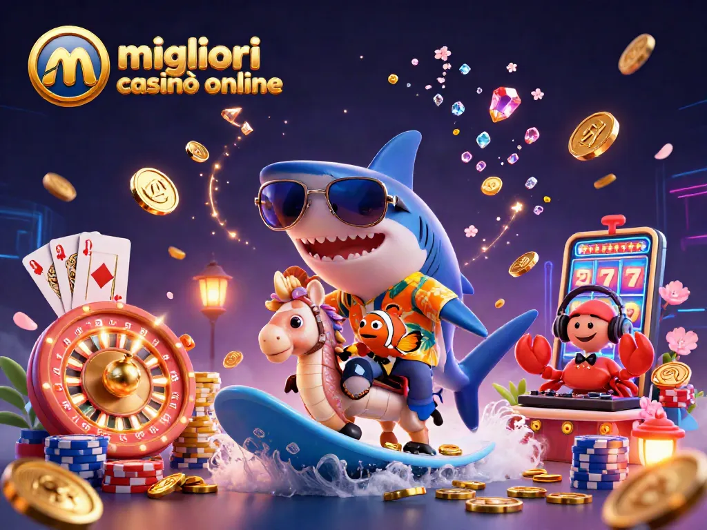 Scopri i migliori casinò online con l'allegria dei giochi e dei jackpot in un'illustrazione vibrante