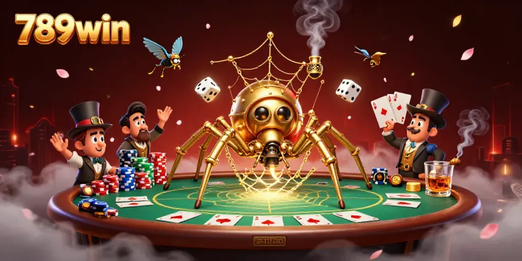Experience thrilling gameplay at 789win with an intricately designed steampunk spider and poker elements.
