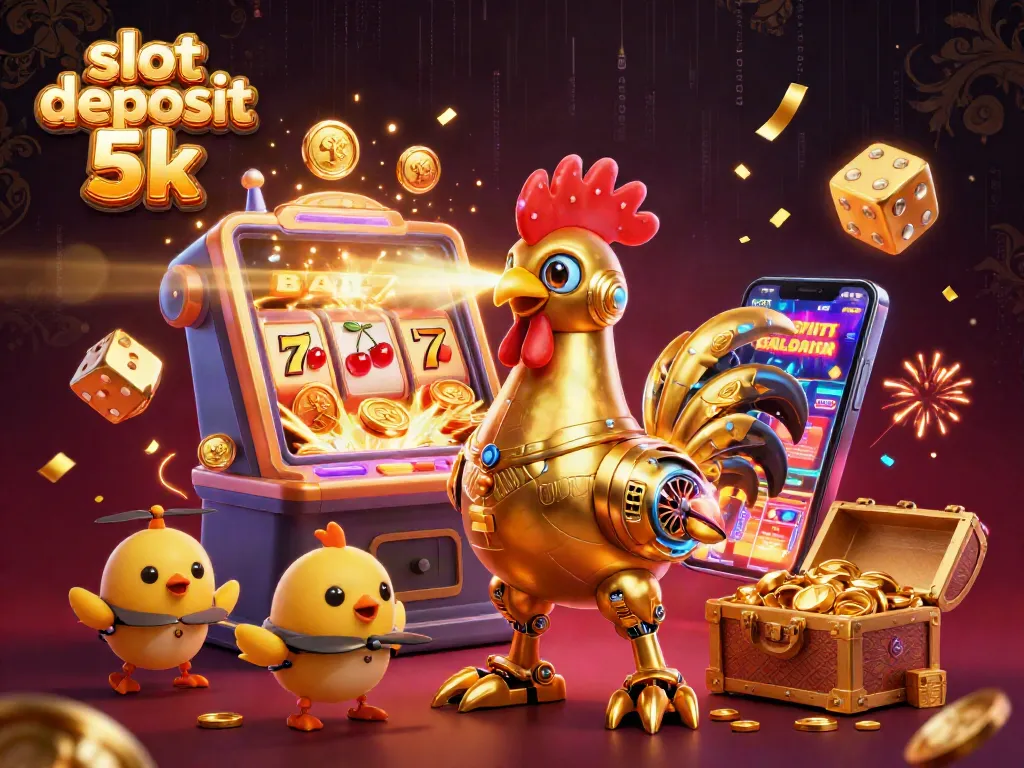 Engage with the thrilling slot deposit 5k, featuring a dynamic scene of playful characters and exciting casino elements.