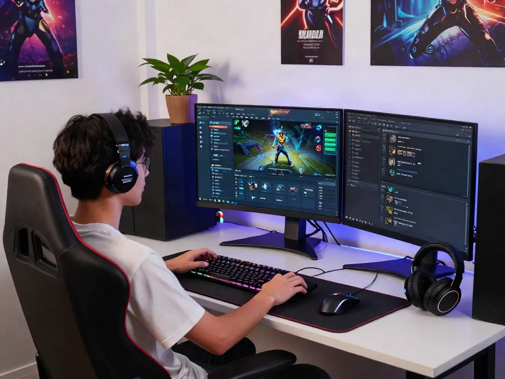 Engaged gamer using QQMacan platform on a high-resolution monitor with vibrant graphics.