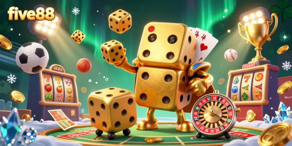 Experience the excitement of five88 with golden dice golems, slot reels, and dynamic sports elements in this vibrant casino scene.