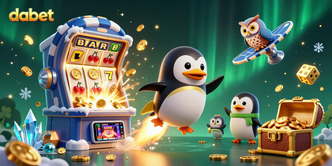 Dabet's vibrant casino scene features a golden penguin and slot machine in action, celebrating big wins.