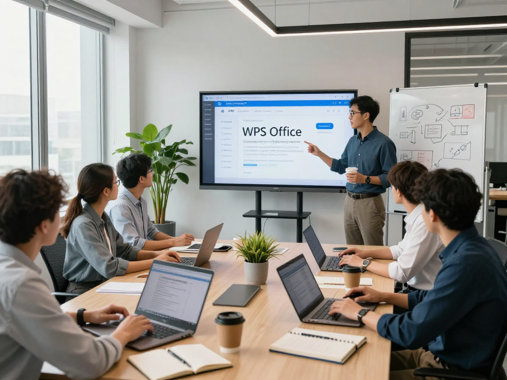 在WPS Office下载官网上展示团队合作和软件功能的现代办公场景