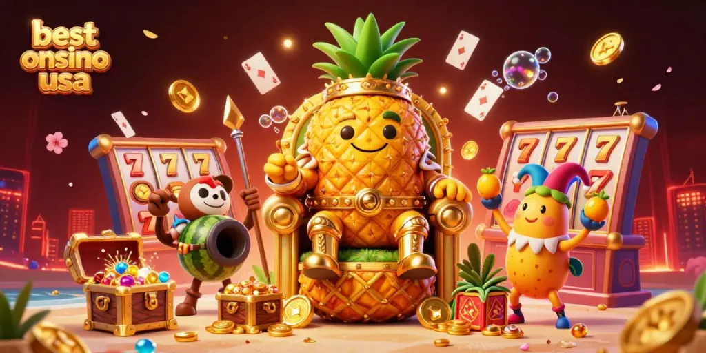 Experience the best online casino USA with a vibrant 3D casino scene featuring a pineapple king and treasures.