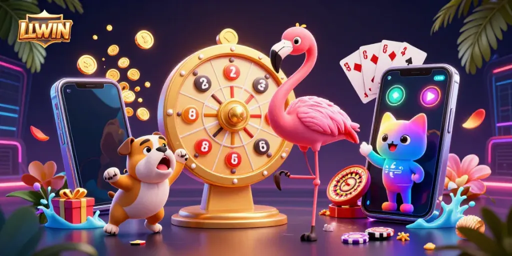 LLWIN casino scene featuring a flamboyant host and bulldog contestant with gaming elements.