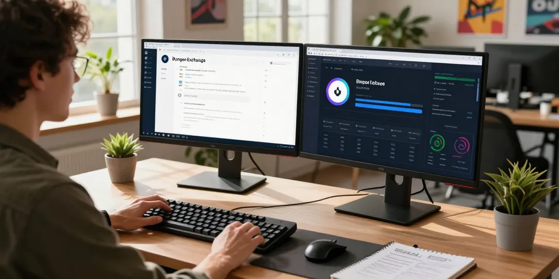 Bungee Exchange user interacting with cross-chain transaction interface in a modern tech workspace.