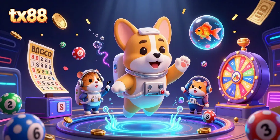 Experience tx88 in a vibrant space casino with a playful astronaut corgi amidst floating game elements.