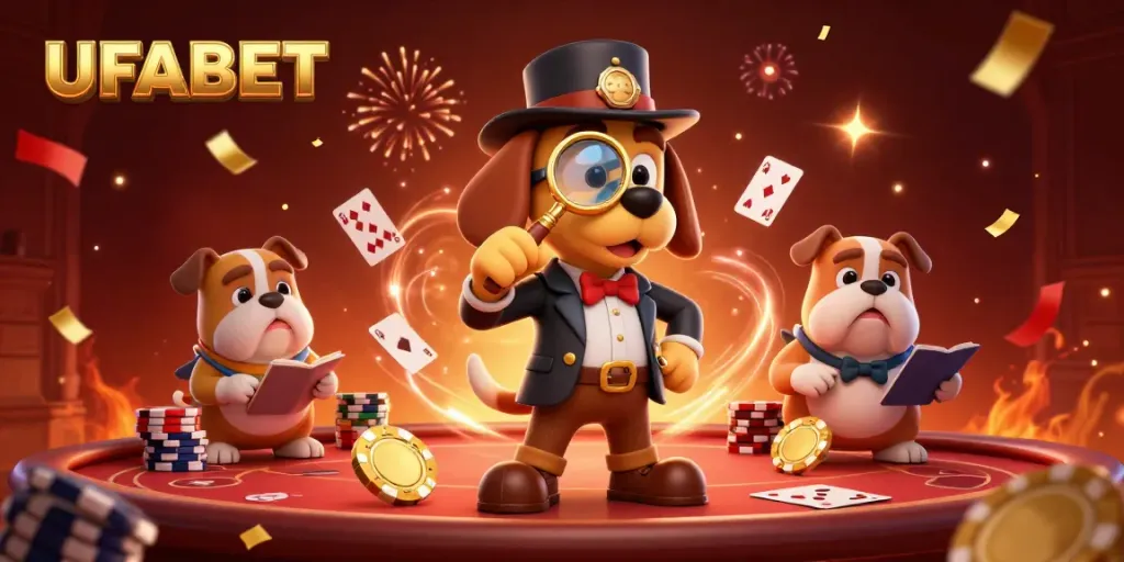 Engaging scene showcasing UFABET with a detective, dog, poker chips, and confetti.