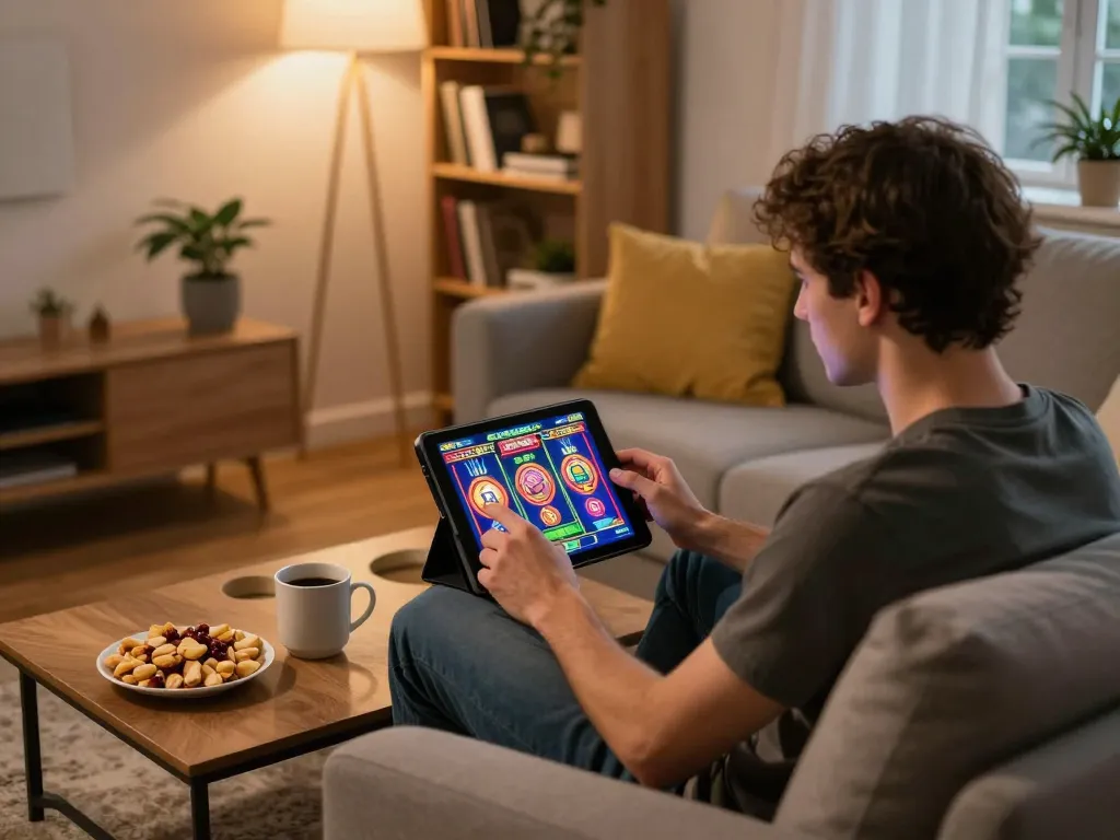 IDCASH88 Login screen displayed on a tablet during an engaging home gaming session, showcasing colorful slot game.