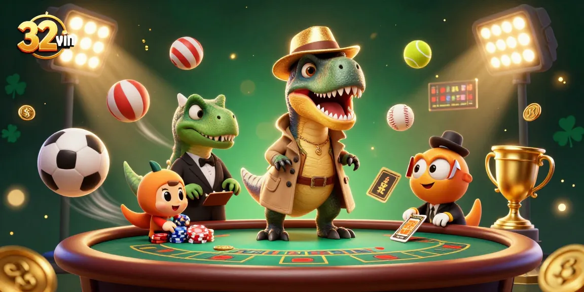 Engage with the thrilling world of 32win gambling, featuring a cartoon velociraptor in action.