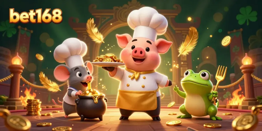 Experience thrilling gameplay at bet168 with a lively scene featuring a chef pig, tasting mouse, and critic frog amidst gold coins.