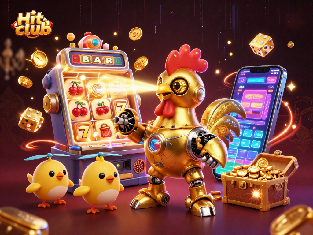 Hit club's vibrant casino scene featuring a golden rooster robot and chick drones.