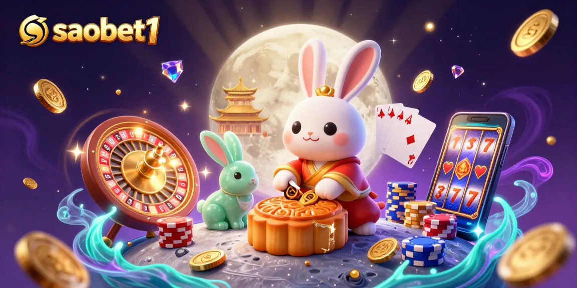 Experience the charm of saobet1 with a moon rabbit portraying lively casino elements in a dazzling 3D scene.