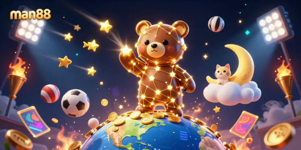 Engage with man88's exciting online casino experience featuring a cosmic bear and vibrant sports elements.