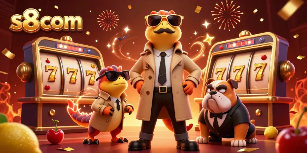 Experience the fun at s8 com with colorful slot reels and playful raptors in a vibrant casino