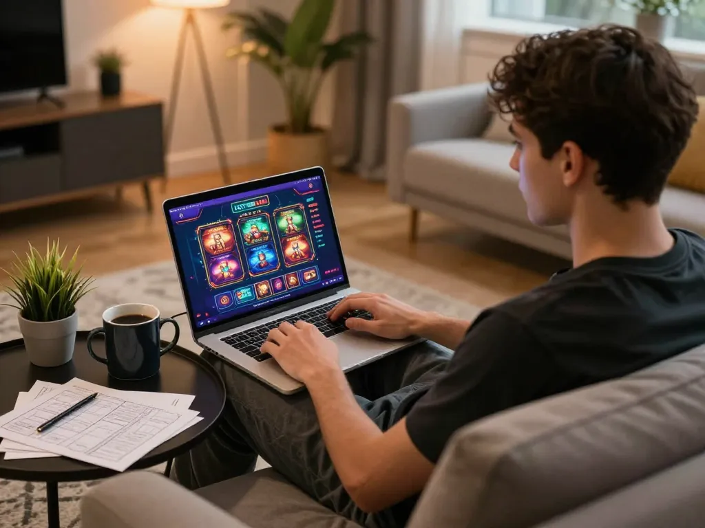 Engaging player accessing the LOTO188 LINK for online casino games in a cozy home setting