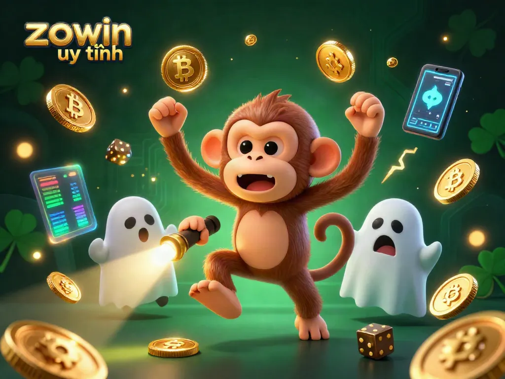 Engage with zowin uy tín in this vibrant scene with a playful poltergeist monkey and curious puppy in a haunted casino.