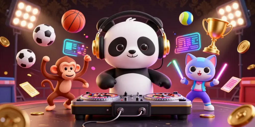 ZBET showcases an engaging 3D illustration with a DJ panda, breakdancing monkey, and rave kitten amidst sports excitement.
