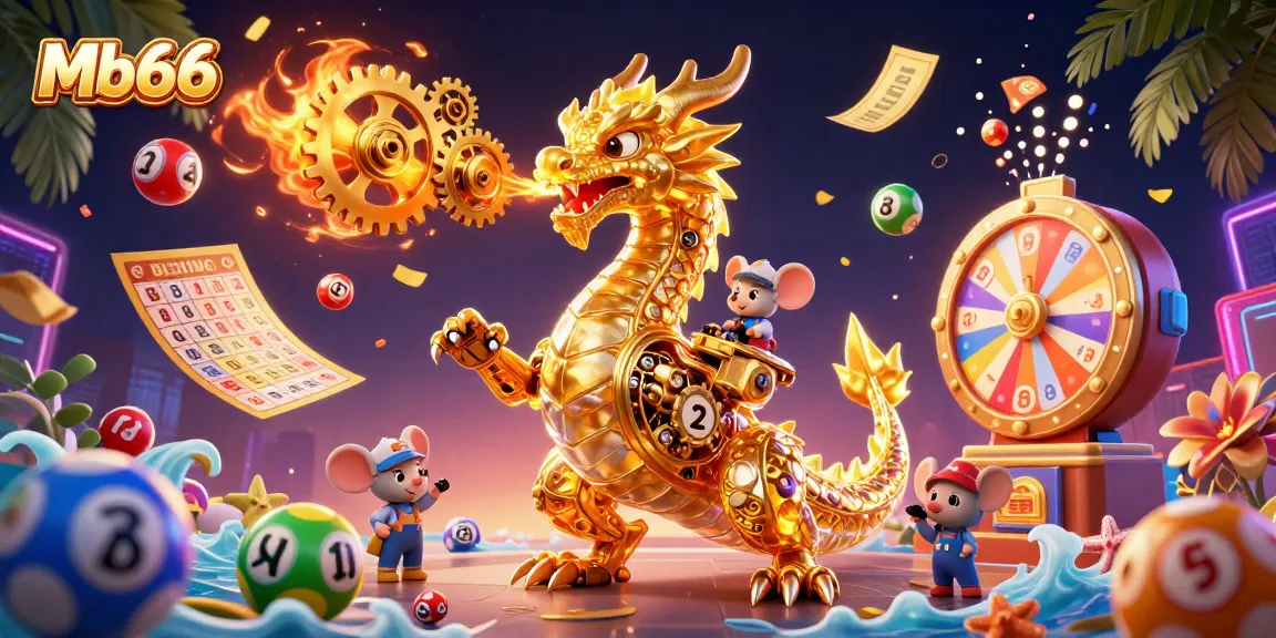 Experience the thrill of Mb66 with a golden dragon guarding a bounty of colorful lottery balls and cash.