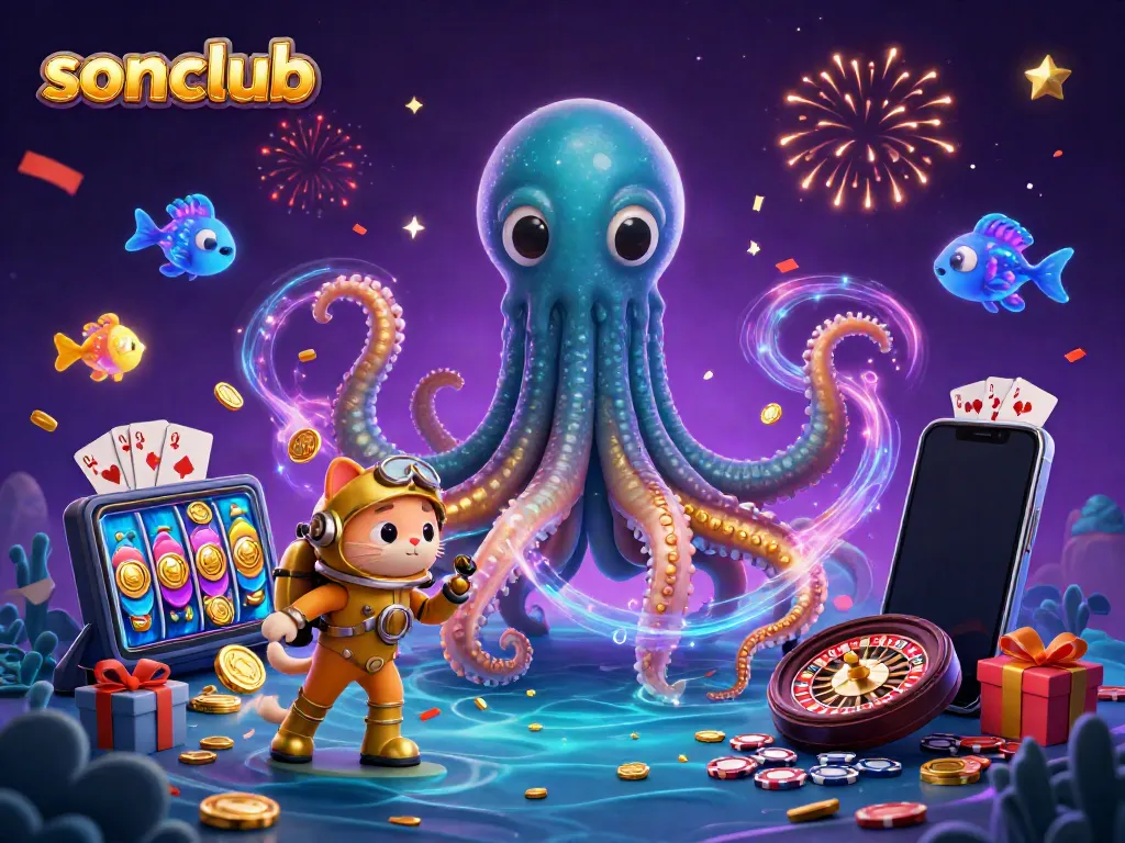 Win big with sonclub's immersive gaming experience featuring a kraken and diving cat.