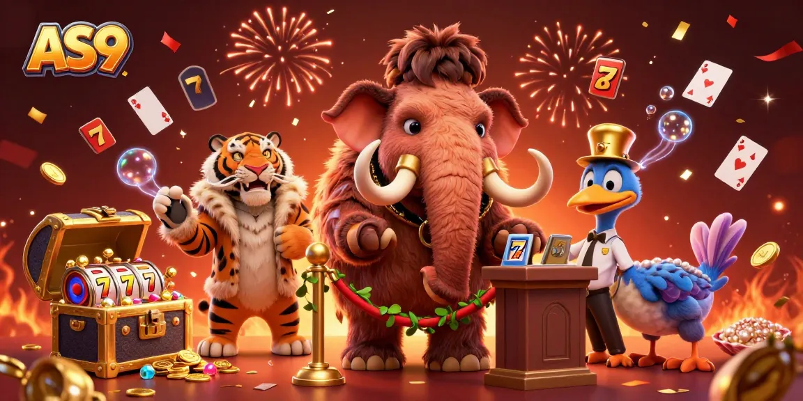 Experience the thrill of AS9 with a vibrant casino illustration showcasing a woolly mammoth bouncer and colorful gems.